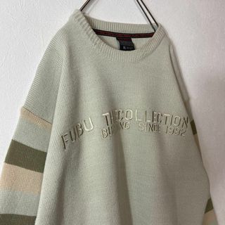 【オーバーサイズ、両面ビッグ刺繍ロゴ◎】FUBUニットくすみグリーンXL