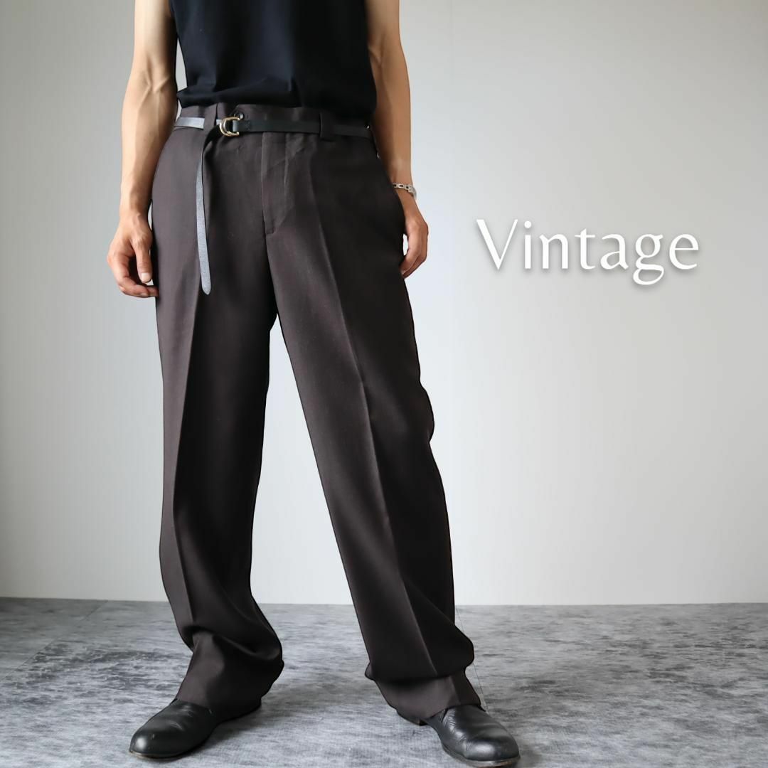 vintage黒　ワイド ストレートスラックス　ウールギャバ　インタック　W31