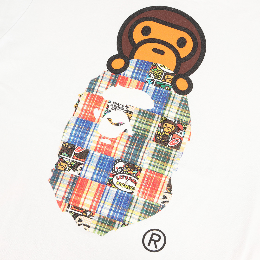 A BATHING APE ア ベイシング エイプ Tシャツ サイズ:M パッチワーク 猿顔 & ベビーマイロ クルーネック 半袖 Tシャツ ホワイト  白 トップス カットソー コットン 【メンズ】【中古】