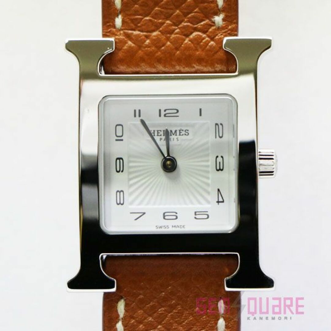 エルメス Hウォッチ 新型 SS クォーツ 白 茶革 腕時計 HH1.210
