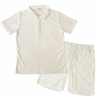 モチーフ柄 型押し パイル セットアップ ポロシャツ＆ショートパンツ/白M(Tシャツ/カットソー(半袖/袖なし))