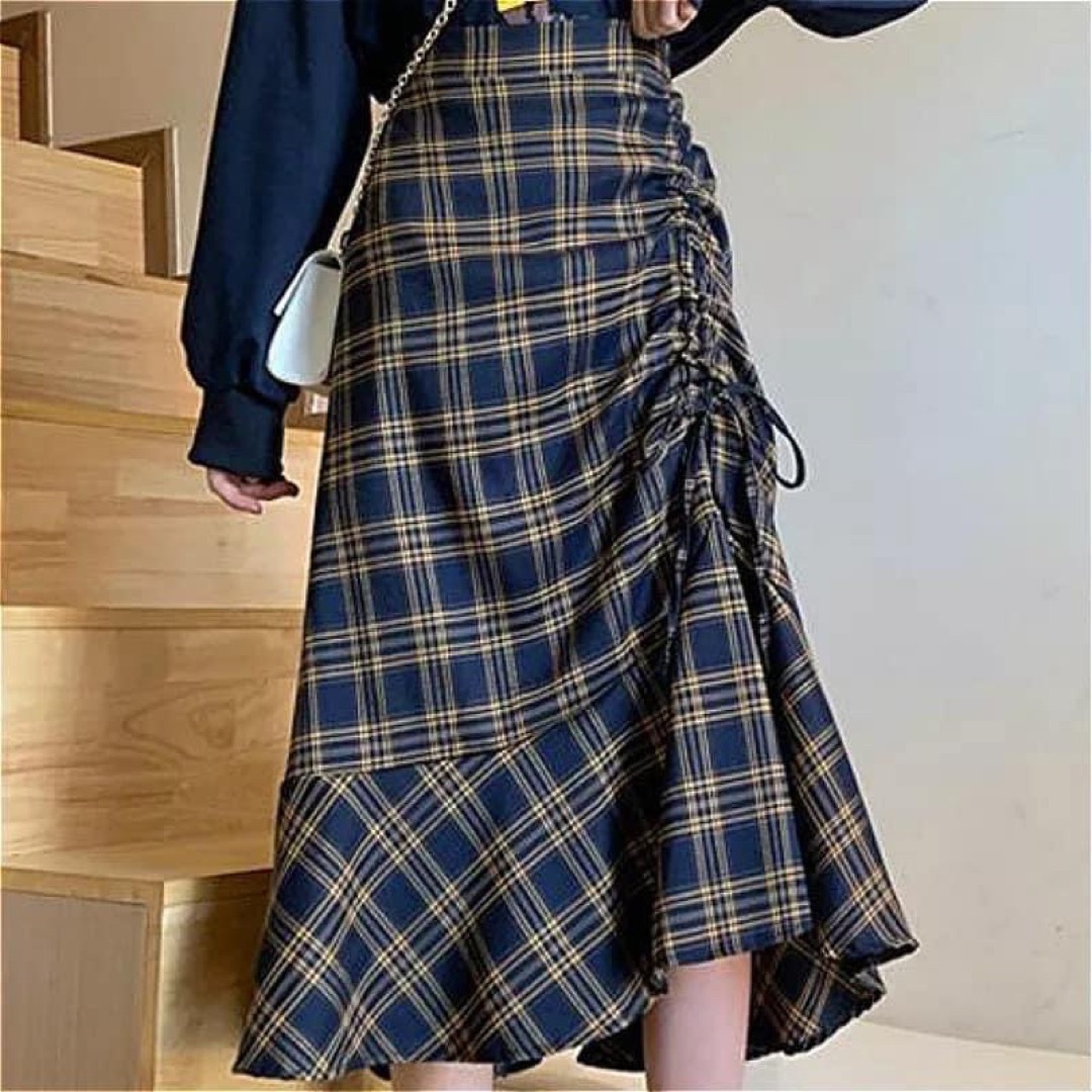 オシャレ アシンメトリー チェック スカート 美シルエット フリーサイズ レディースのスカート(ひざ丈スカート)の商品写真