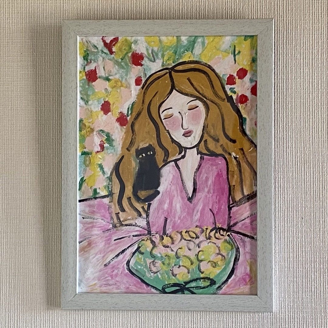 絵画。壁掛け原画【花の中の女の子と黒猫】絵画