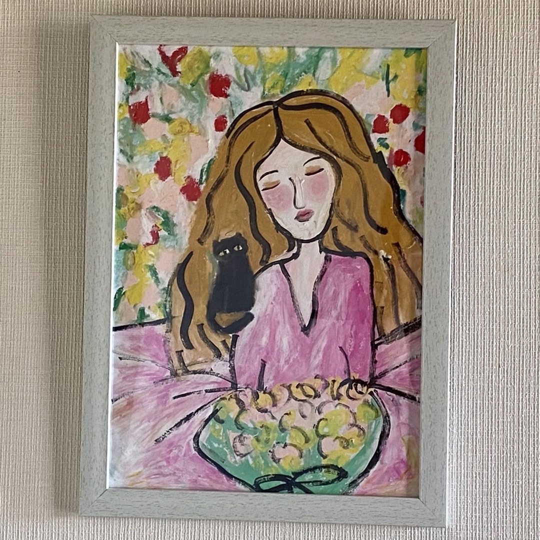 絵画。壁掛け原画【花の中の女の子と黒猫】絵画