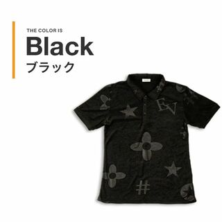 モチーフ柄 型押し パイル生地 半袖 ポロシャ/ 黒(全3色)(ポロシャツ)