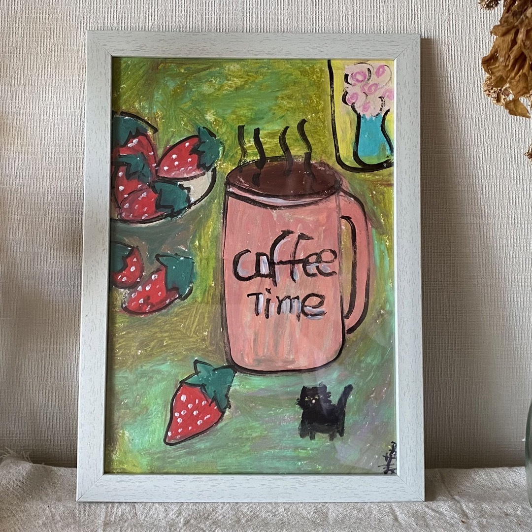 絵画。壁掛け原画【猫ちゃんを連れて午後のコーヒーを飲みに出かける】02風景画主題動物
