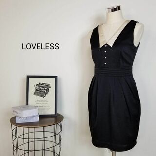 ラブレス(LOVELESS)の美品LOVELESSコクーンシルエット襟付きノースリーブワンピース黒36日本製(ひざ丈ワンピース)