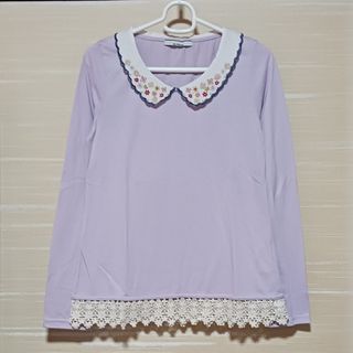 オリーブデオリーブ(OLIVEdesOLIVE)の美品 カットソー Tシャツ 長袖 パープル レース 花 刺繍(カットソー(長袖/七分))