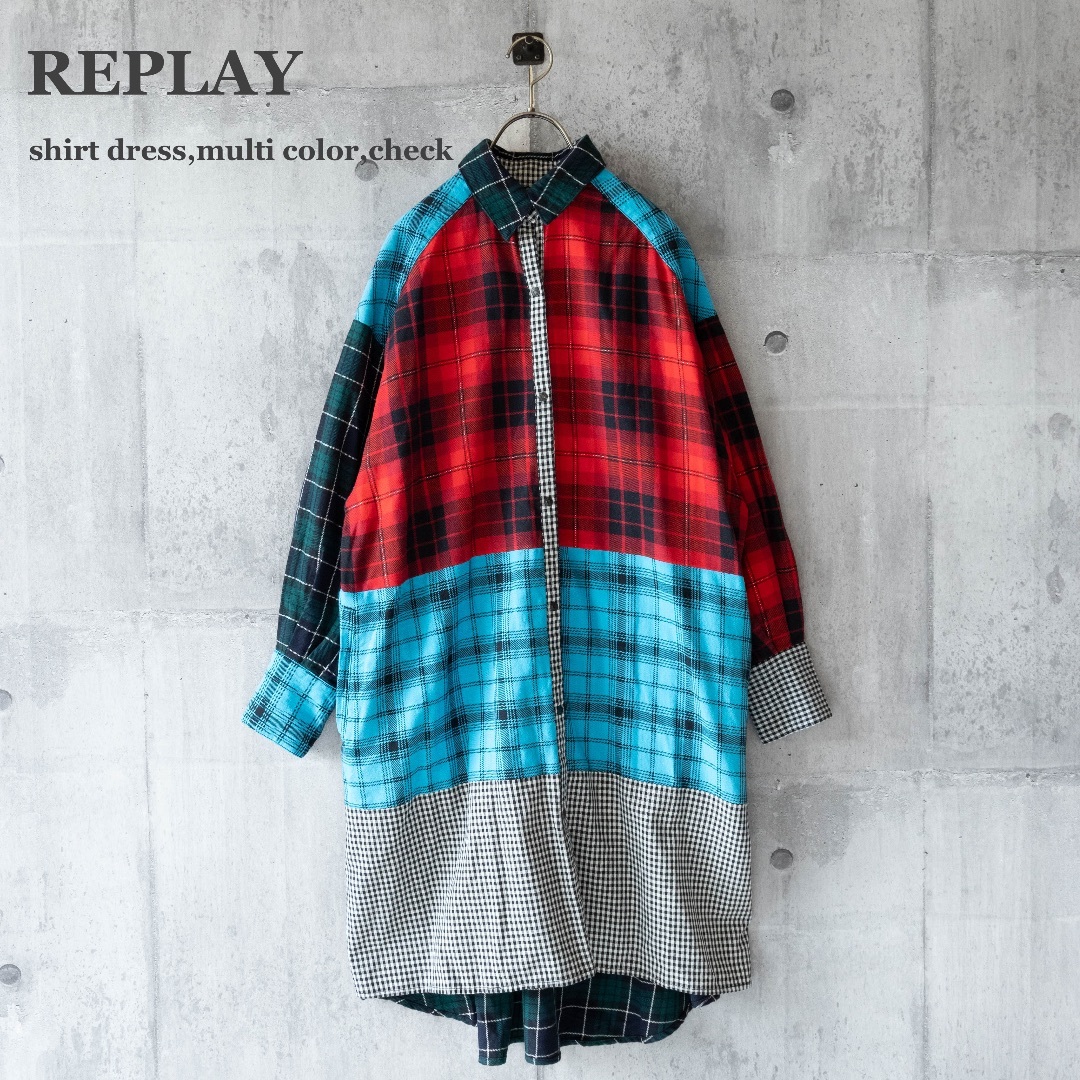 【REPLAY】リプレイ シャツワンピース ロング マルチカラー チェック柄 | フリマアプリ ラクマ REPLAY リプレイ ホワイト コットン カフタン ワンピース