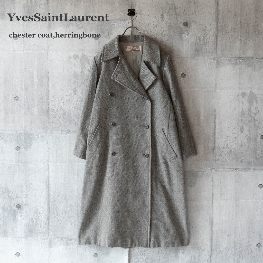 【YvesSaintLaurent】チェスターコート　カシミヤ混　ヘリンボーン