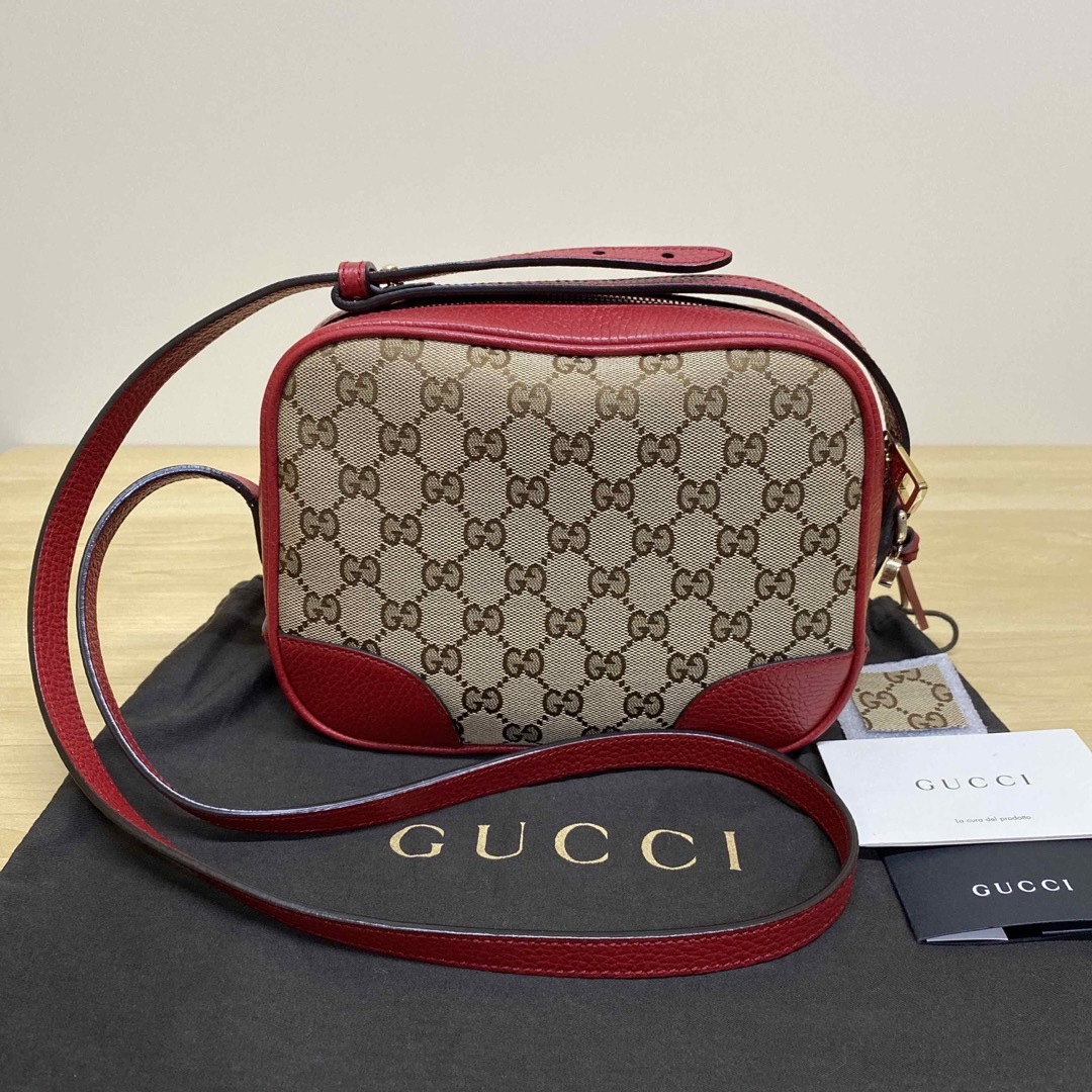 Gucci(グッチ)のGUCCI グッチ　ショルダーバッグ　GGキャンバス　レザー　ベージュ　レッド レディースのバッグ(ショルダーバッグ)の商品写真