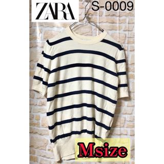 ザラ(ZARA)のZARA ボーダー柄 半袖トップス  Mサイズ 古着 白紺 フォロー割引あり(Tシャツ(半袖/袖なし))