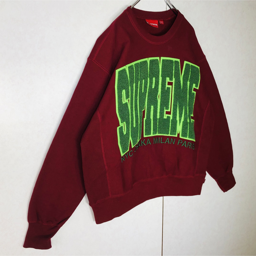 【人気デザイン】シュプリーム ビックロゴ パイル刺繍ロゴ スウェット えんじ色