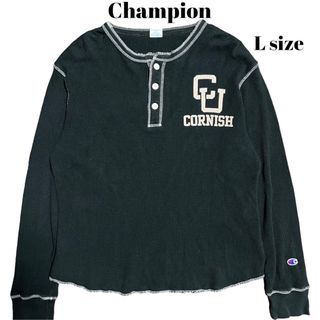 Champion ヘンリーネックT ワッフル サーマル 胸ロゴ ブラック