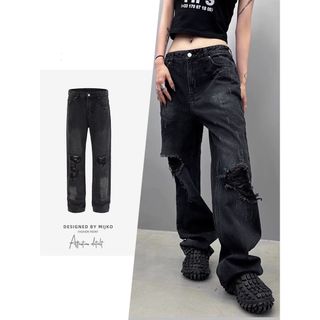 バレンシアガ(Balenciaga)のダメージ加工 デニムパンツ 男女兼用 ストリート系 ジーンズ ボトムス (デニム/ジーンズ)