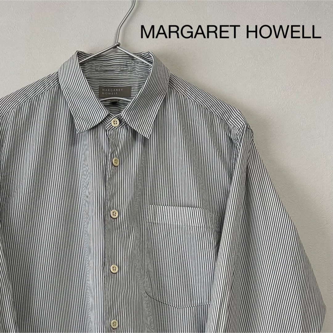 美品 90s MARGARET HOWELL 長袖 シャツ ネイビー ストライプ