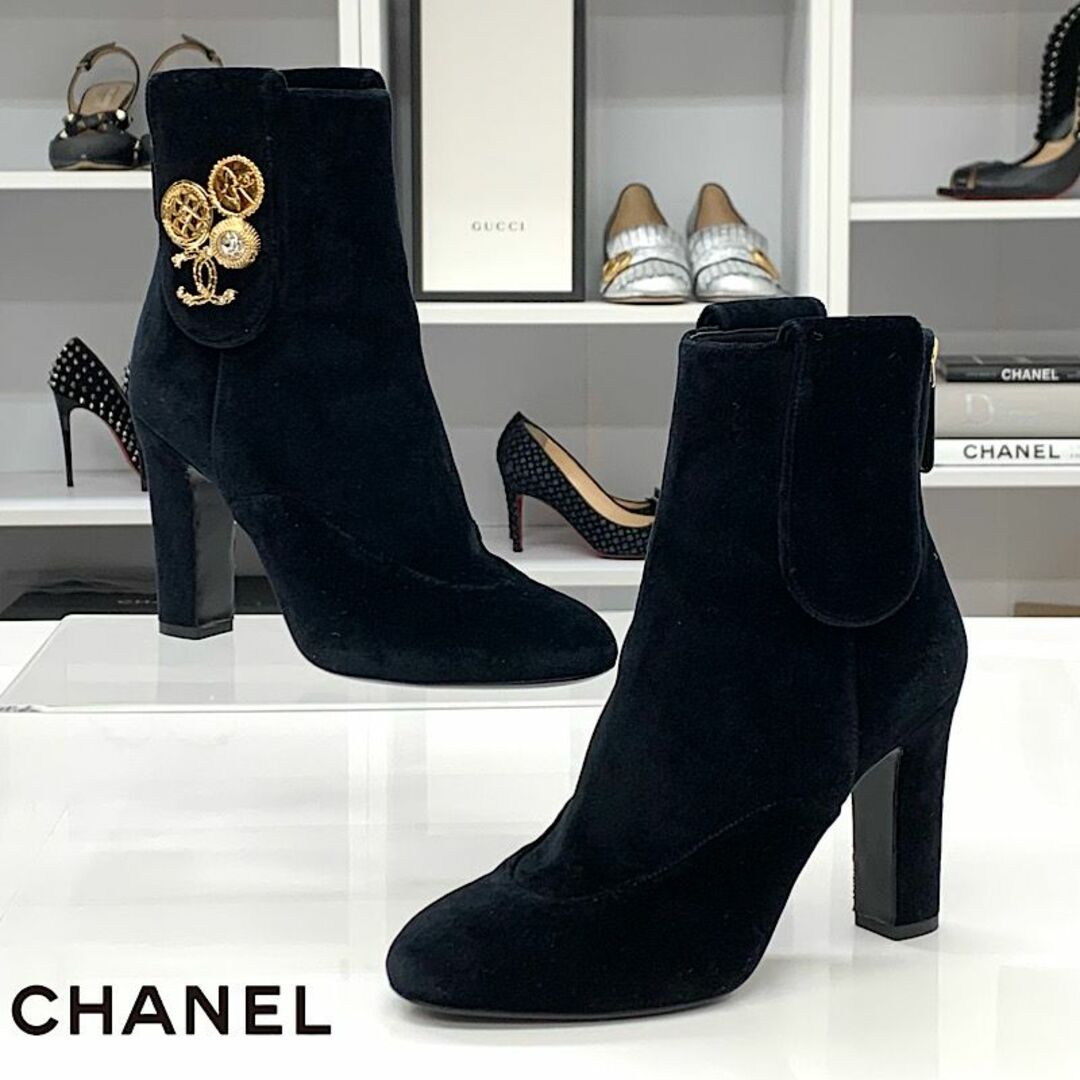 CHANEL - 6373 シャネル ベロア ココマーク ビジュー ショートブーツ