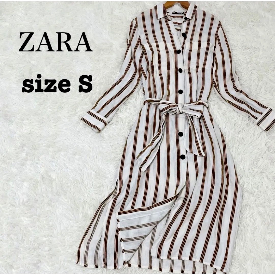 ZARA  ストライプシャツワンピース　日本サイズM   ウエストリボン　ベルト