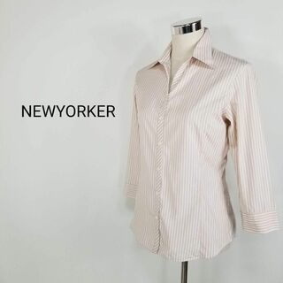 ニューヨーカー(NEWYORKER)の美品NEWYORKER七分袖ストライプ柄オープンカラーシャツ11号白薄茶(シャツ/ブラウス(長袖/七分))