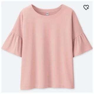 ユニクロ(UNIQLO)の新品タグ付●ユニクロ　フリルブラウスT ピンク　XLサイズ(Tシャツ(半袖/袖なし))