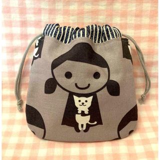 にゃんこ抱っこ女の子柄☆ハンドメイド☆巾着☆グレー(その他)