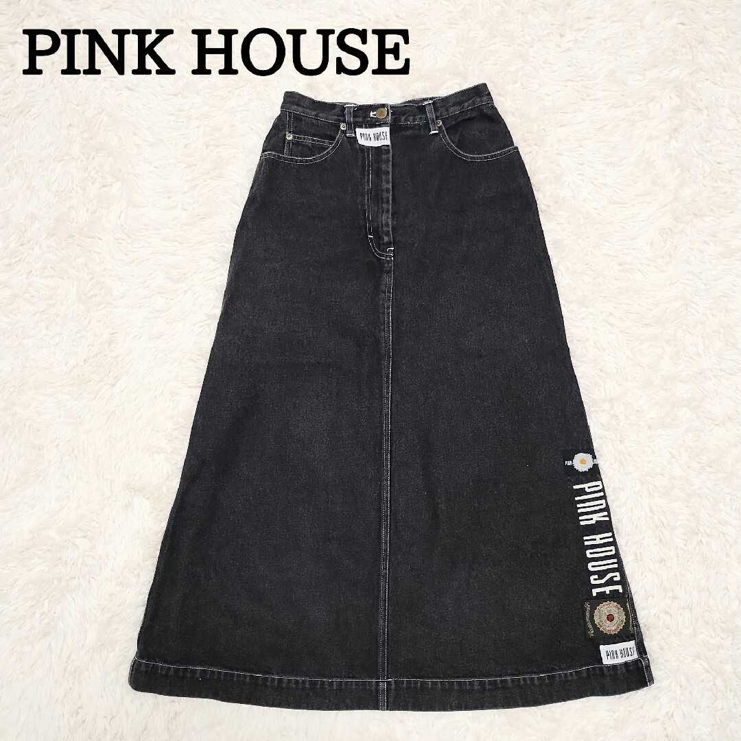 定番　PINK HOUSE　ピンクハウス　ロゴプリント　デニムロングスカート　黒 | フリマアプリ ラクマ