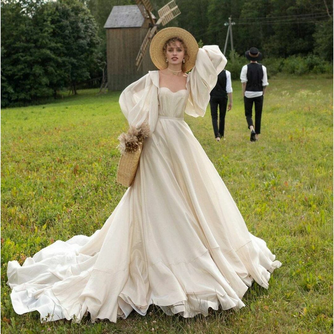 ウエディングドレス 取り外し袖 長袖 ベアトップ トレーン 花嫁前撮りフランス風