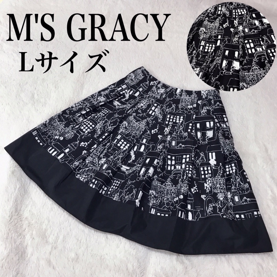 エムズグレイシー M'S GRACY スカート ひざ丈 プリーツフレア 総柄 黒