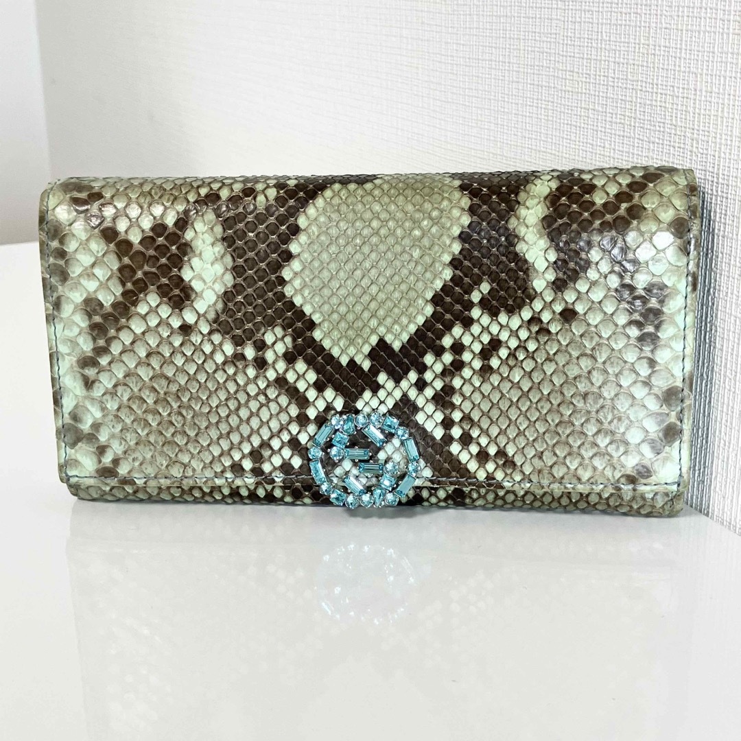 GUCCI グッチ パイソン スネーク ヘビ 長財布 ラウンドファスナー 緑-