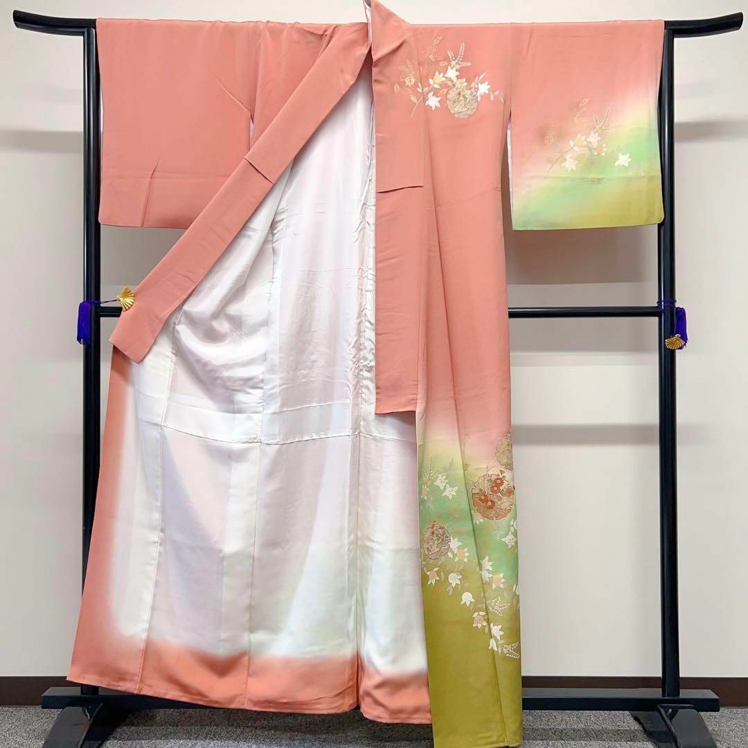 花模様に雪輪紋のスワトウ刺繍 付け下げ 着物
