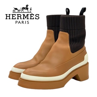 エルメス(Hermes)のエルメス レザー ファブリック ブーツ ショートブーツ 靴 シューズ キャメル ブラウン(ブーツ)