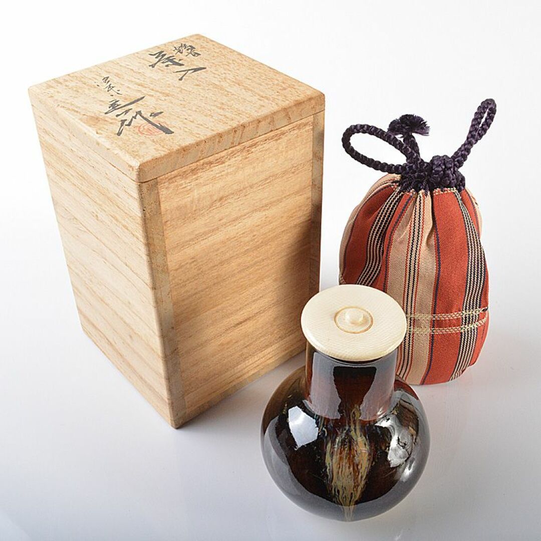 茶道具 京焼 清水焼 桶谷定一作 鶴首茶入 袱紗付 共箱 V R6206 茶道具 京焼 清水焼 桶谷定一作 鶴首茶入 袱紗付 共箱 V R6206
