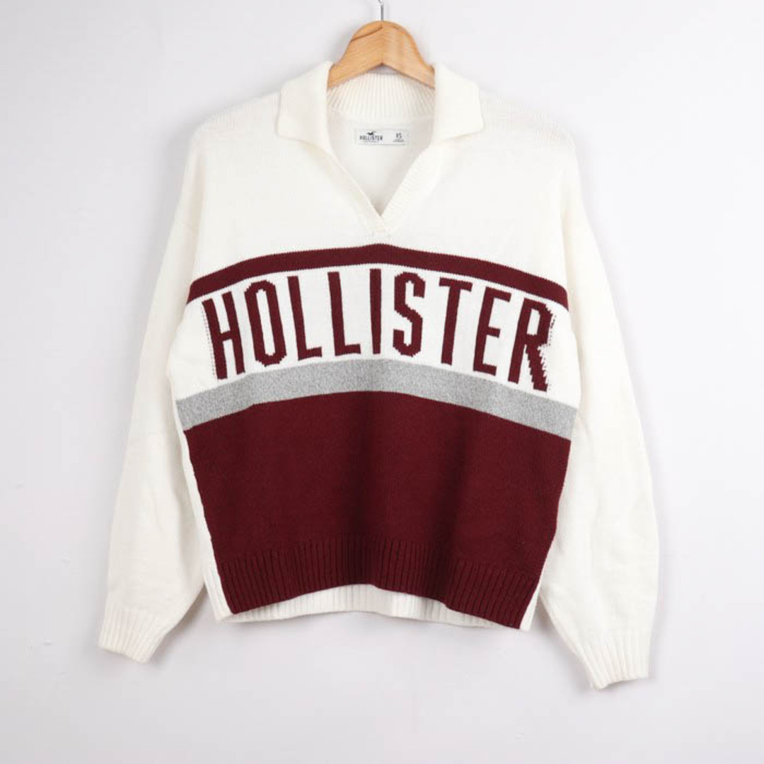 Hollister(ホリスター)のホリスター ポロニット 長袖 袖リブ プルオーバー ロゴ カジュアル トップス レディース XSサイズ ホワイト Hollister レディースのトップス(ニット/セーター)の商品写真