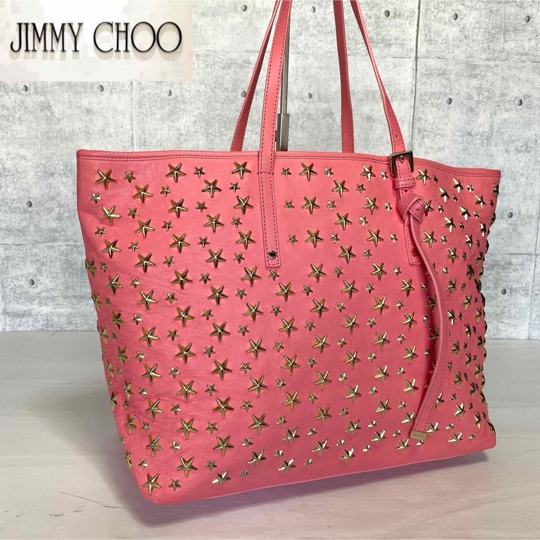 【美品】JIMMY CHOO SASHA/M ピンク スタースタッズトートバッグ