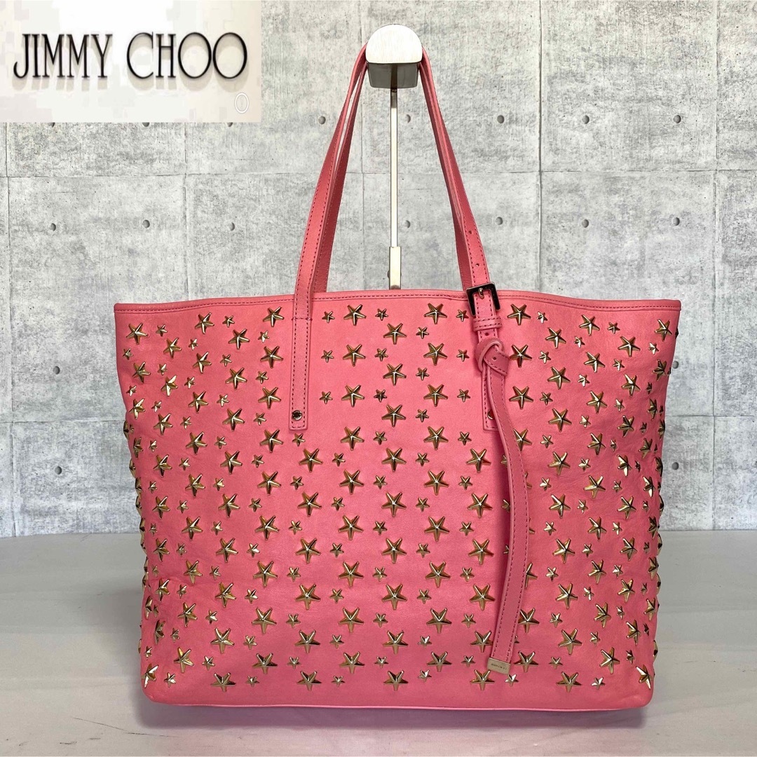 【美品】JIMMY CHOO SASHA/M ピンク スタースタッズトートバッグ