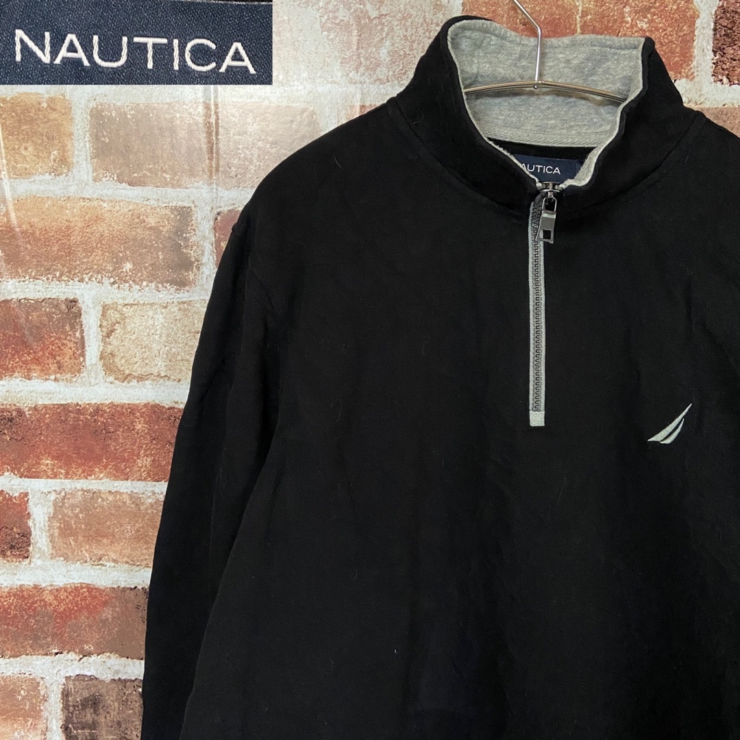 NAUTICA(ノーティカ)のA4 NAUTICA 古着 ハーフジップ スウェット 刺繍ロゴ ブラック メンズのトップス(スウェット)の商品写真