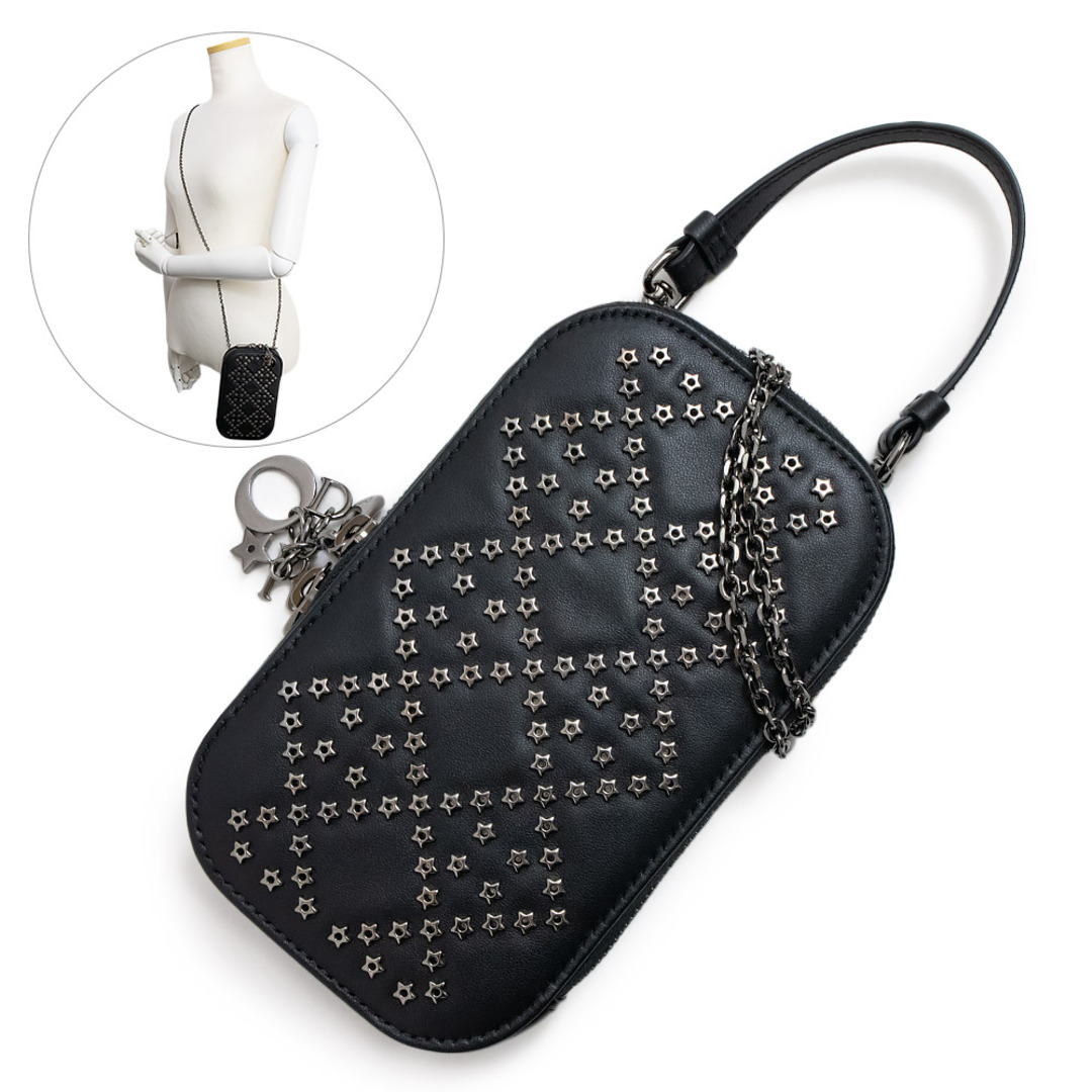 クリスチャンディオール Christian Dior レディディオール LADY DIOR フォンホルダー S0872ONMJ_M59H カナージュ フォンケース チェーン 3WAYバッグ ショルダーバッグ レザー グリーン 美品約115cmストラップ