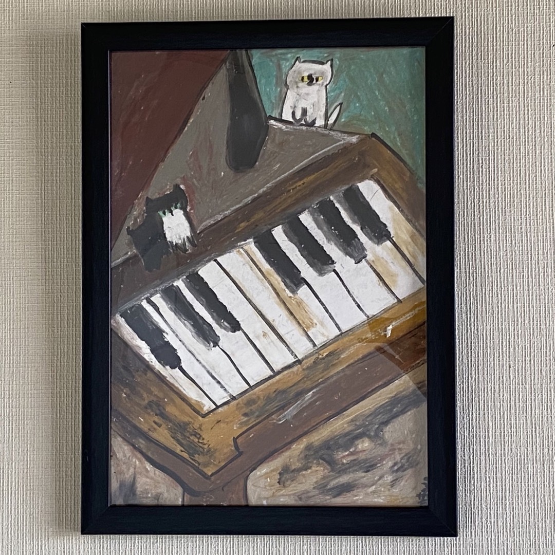 絵画。壁掛け原画【可愛い猫たちのロマンチックなピアノ演奏会】-