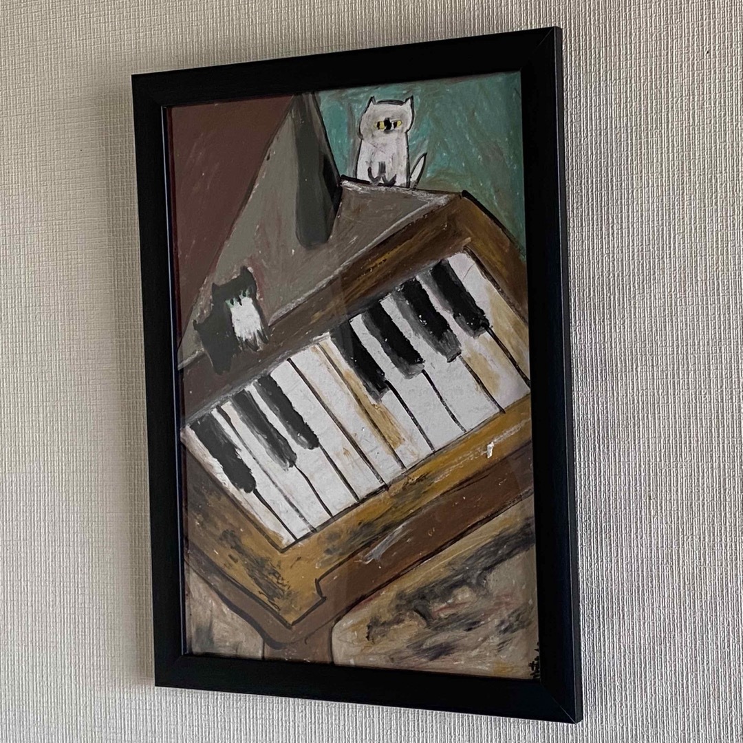 絵画。壁掛け原画【可愛い猫たちとロマンチックのピアノ曲】 | wic