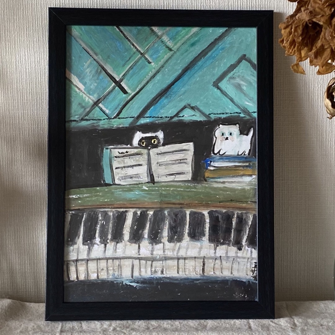 絵画。壁掛け原画【青い空の下のピアノの曲と楽しい猫たち】