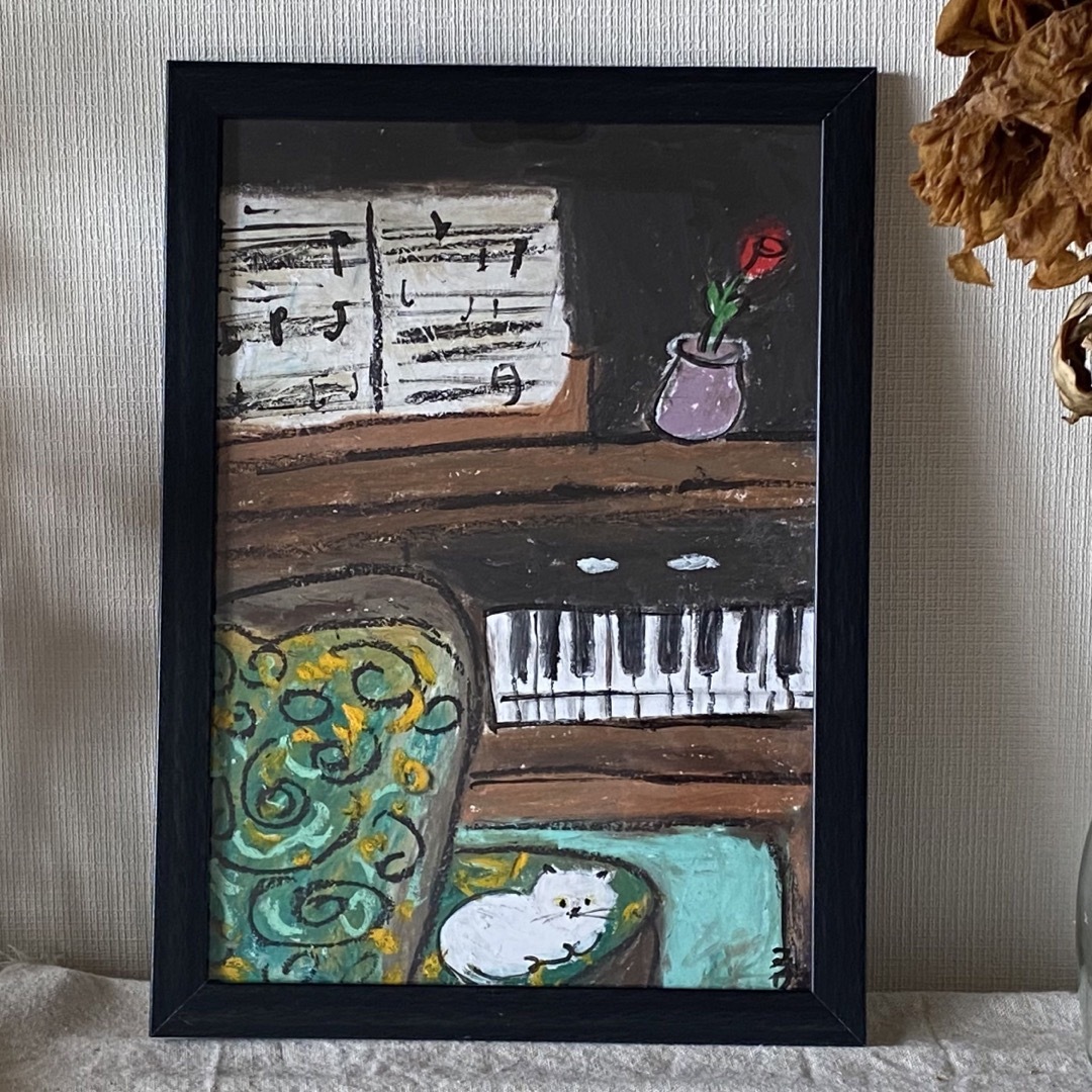 セールネット 絵画。壁掛け原画【素敵なピアノ曲と椅子の上で寝たい猫