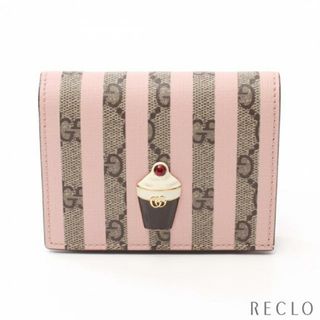 グッチ(Gucci)のGGスプリーム カードケース 二つ折り財布 PVC レザー ベージュ ライトピンク マルチカラー アイスクリーム(財布)