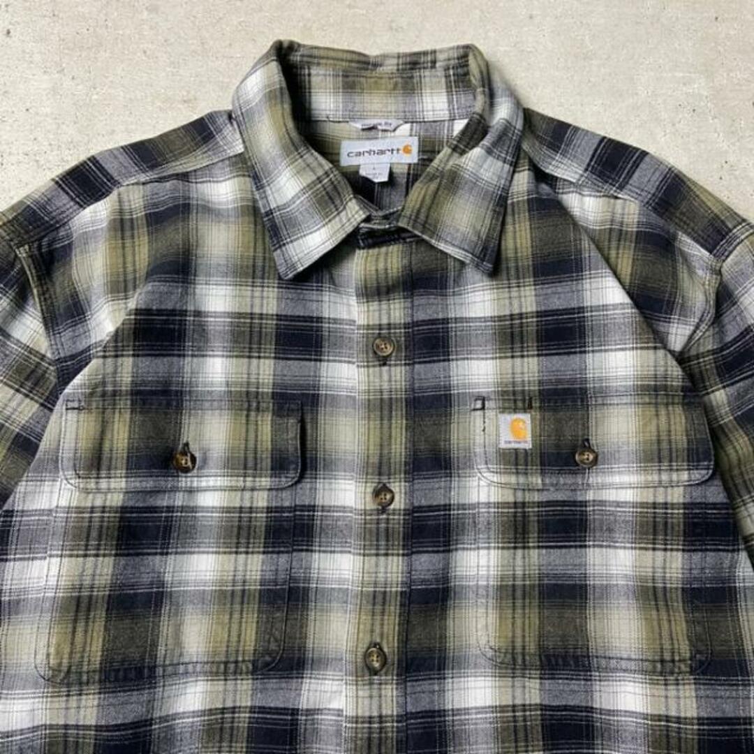 カーハート carhartt チェック柄ヘビーネルシャツ・オリーブ系 68166