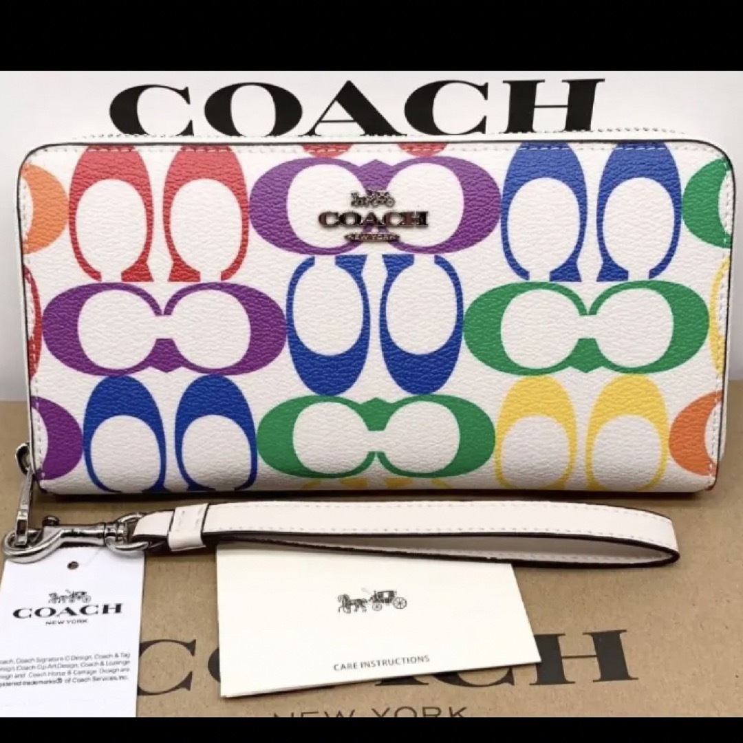 新品 未使用 coach コーチ 長財布 ホワイト レインボー 白色 メンズ-