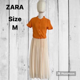 ザラ(ZARA)の【ZARA】ザラ Mサイズ オレンジ 半袖 ニット カーディガン 秋コーデ(カーディガン)