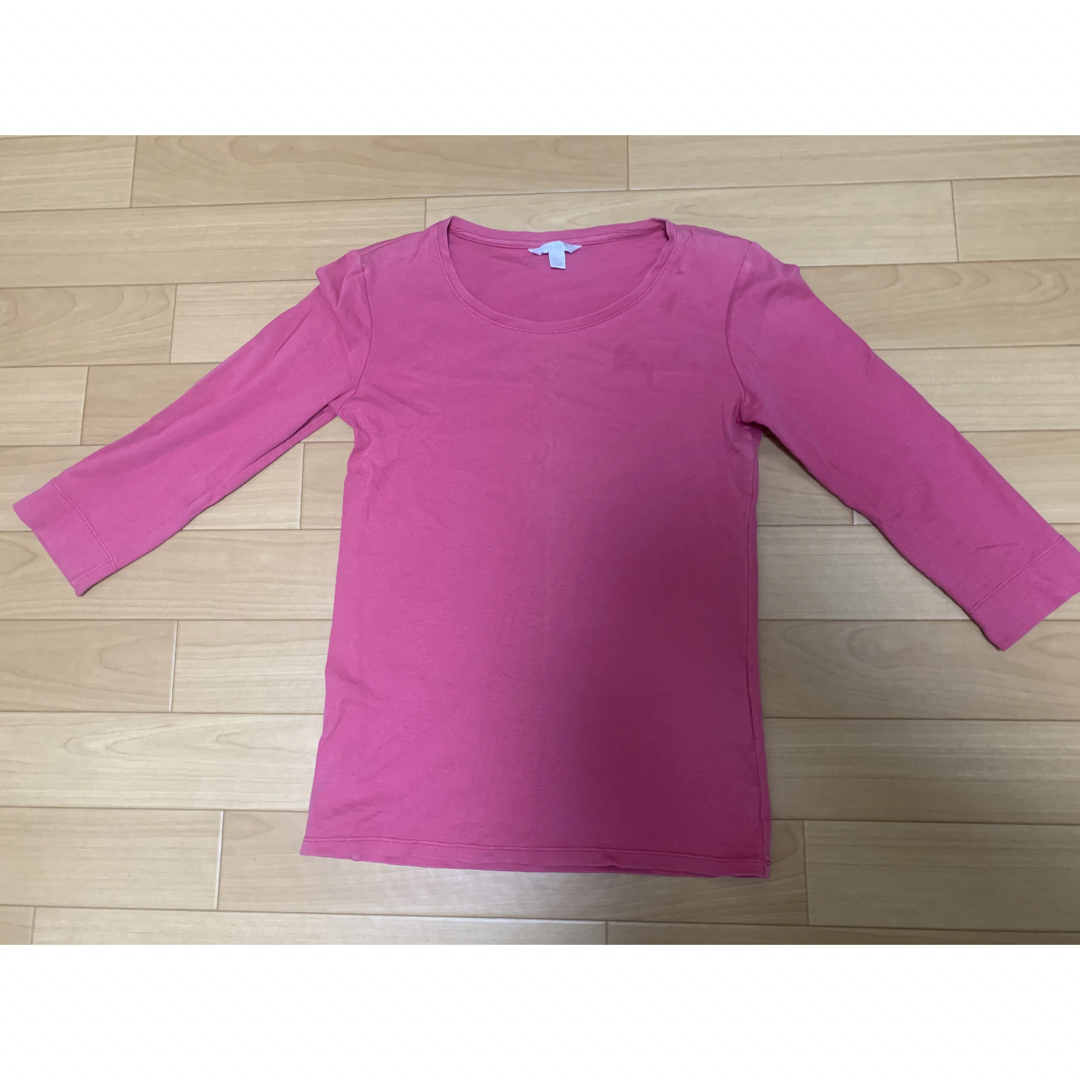 UNIQLO(ユニクロ)のUNIQLO ユニクロ　premium cotton 無地　ピンク　七分　派手 レディースのトップス(Tシャツ(長袖/七分))の商品写真