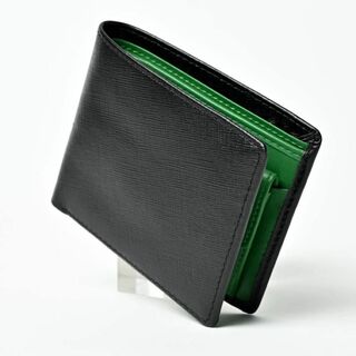 高級本革 二つ折り財布 メンズ イタリアンレザー ブラック グリーン(折り財布)