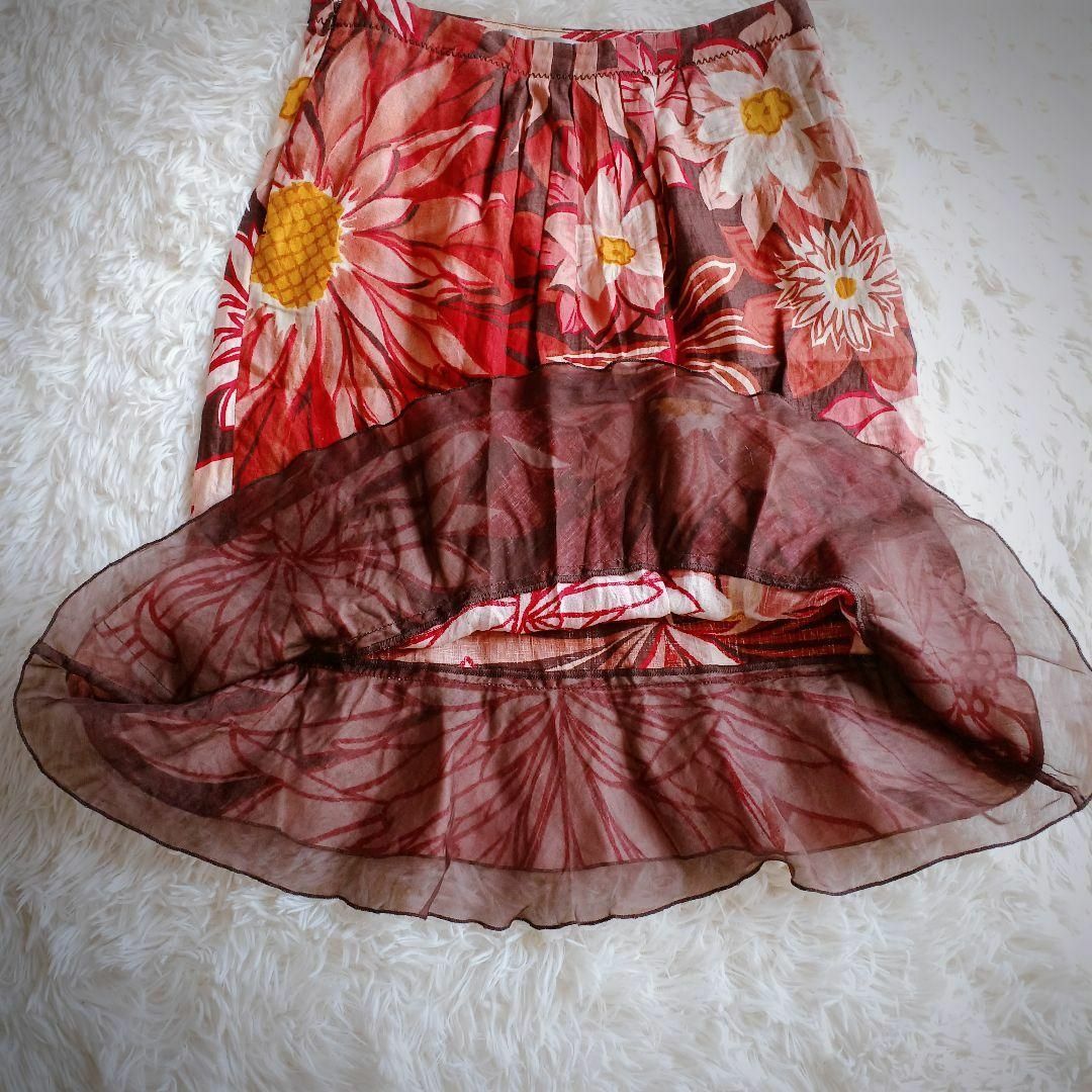 【希少】MaxMara　花柄スカート　裾チュール　ワインレッド　麻100％
