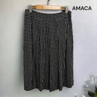 アマカ(AMACA)の大人ドットスカート タックスカート 膝下 M サラテロ素材 裏地付き 三陽商会(ひざ丈スカート)