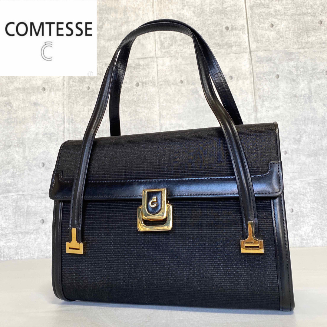 COMTESSE ホースヘア×レザー チャコールグレー ゴールド金具ハンドバッグ